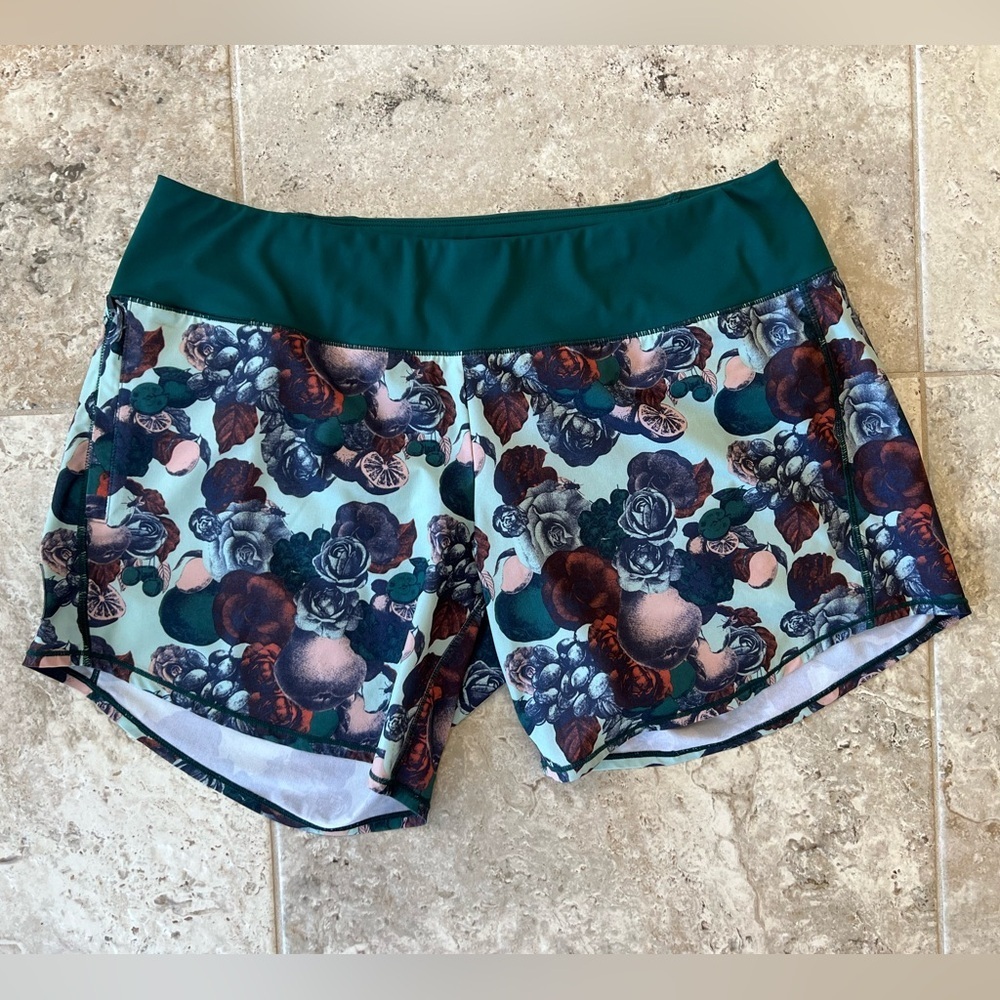 Oiselle Special Edition Long Roga Botanical 6" Running Shorts, Teal Green, 10 - Picture 9 of 11